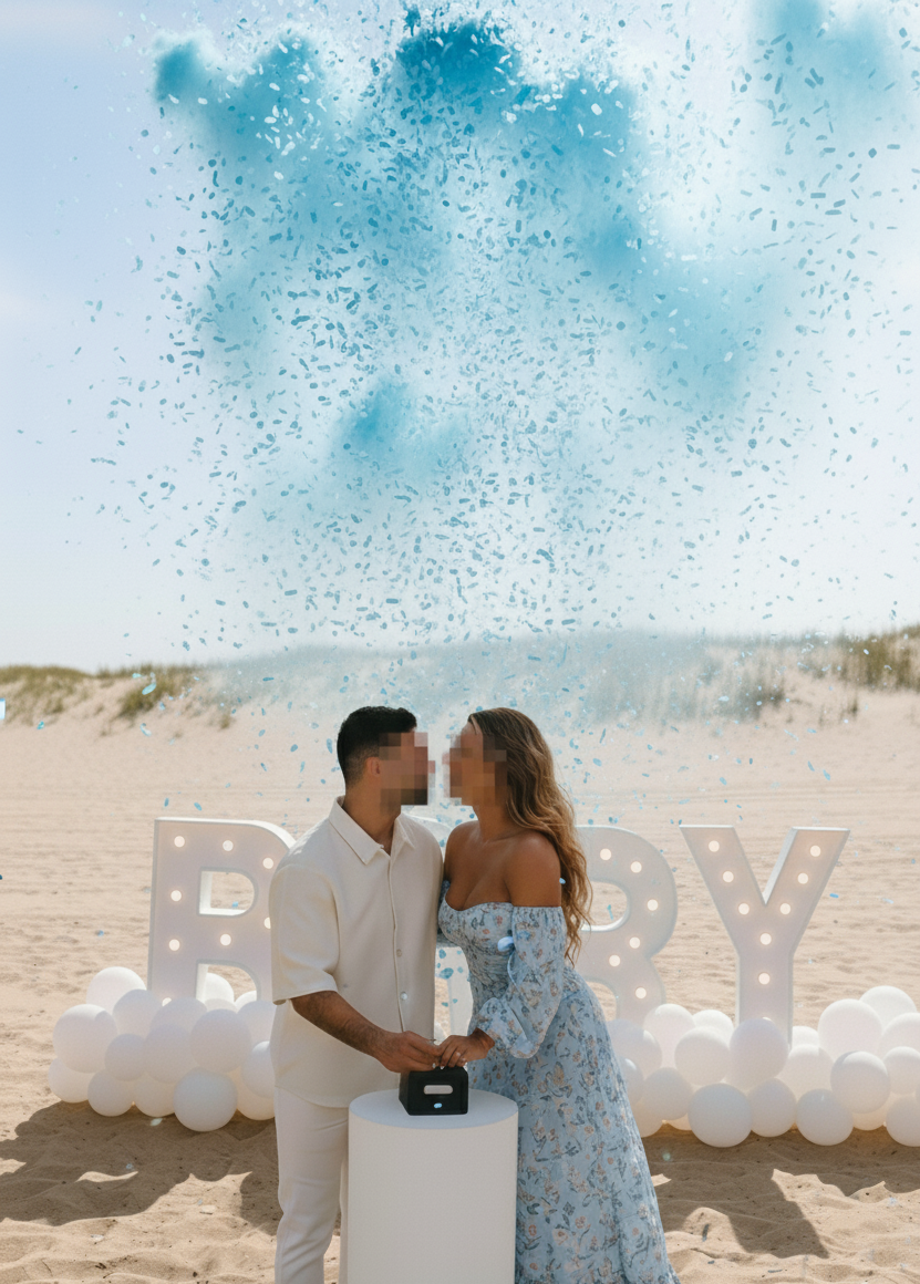 Koppel gebruikt elektrische gender reveal confetti shooters in Arnhem met roze/blauwe confetti